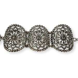 Vintage Flower Chain Bracelet Mandala Silver Tone Wide Curved Link 90s 7.5"